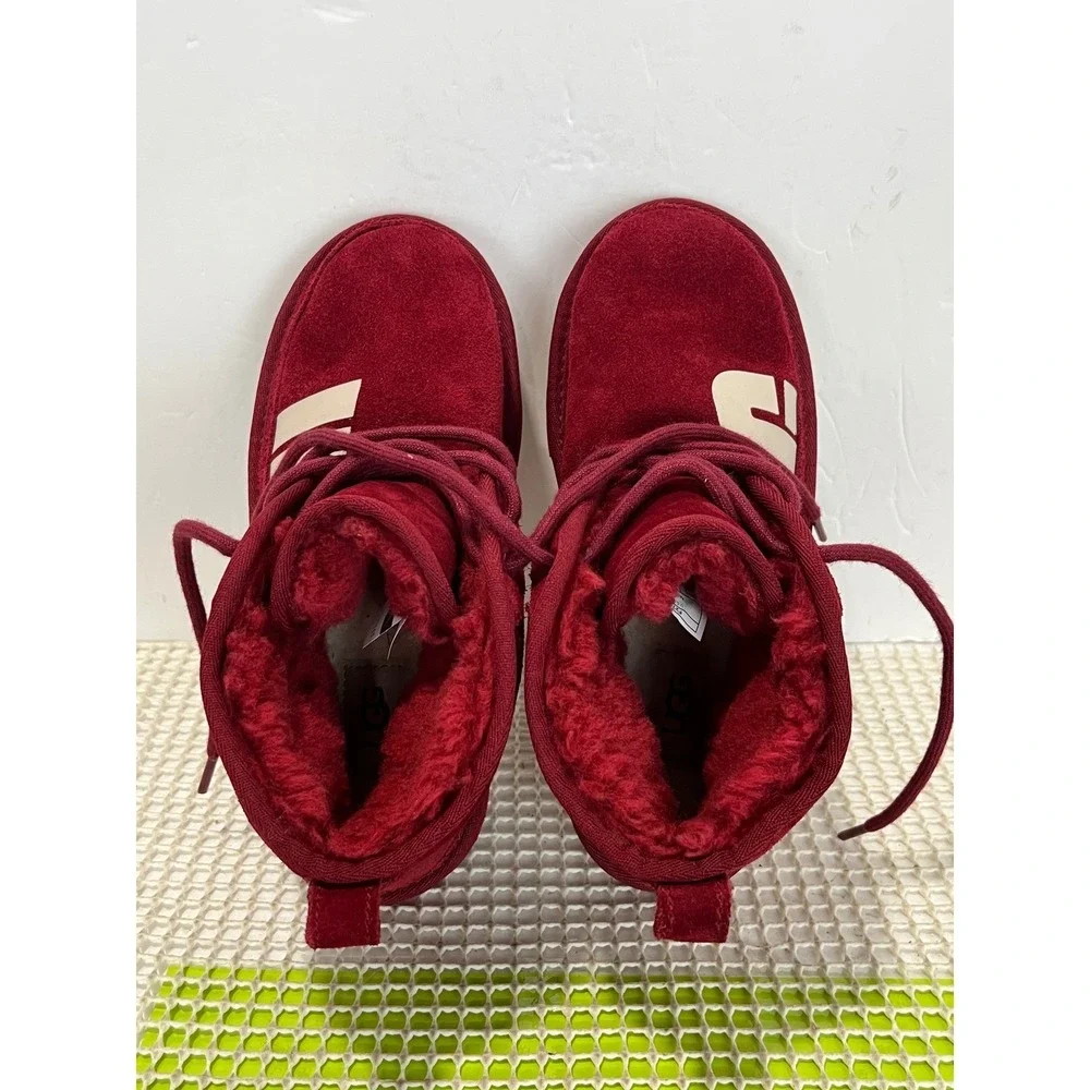 UGG Neumel‎ Graphic Samba Lace Up Boots Kids Size 4 Red Suede 1129054K EUC